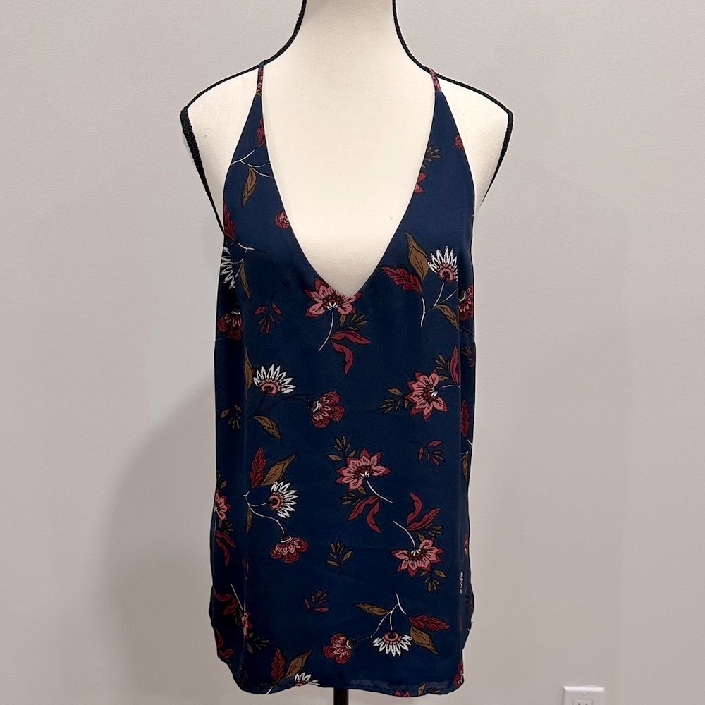 Le Château Navy Floral Deep-V Halter Tank Top - Size L/G